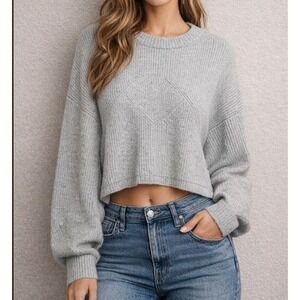 Miss Selfridge Cropped Knit Sweater Women L Gray Ribbed Long Sleeve Relaxed